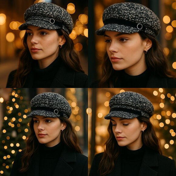 ✨ Nine West Tweed Velvet-Band Newsboy Cap — Black & White (RN 110188) main image 7